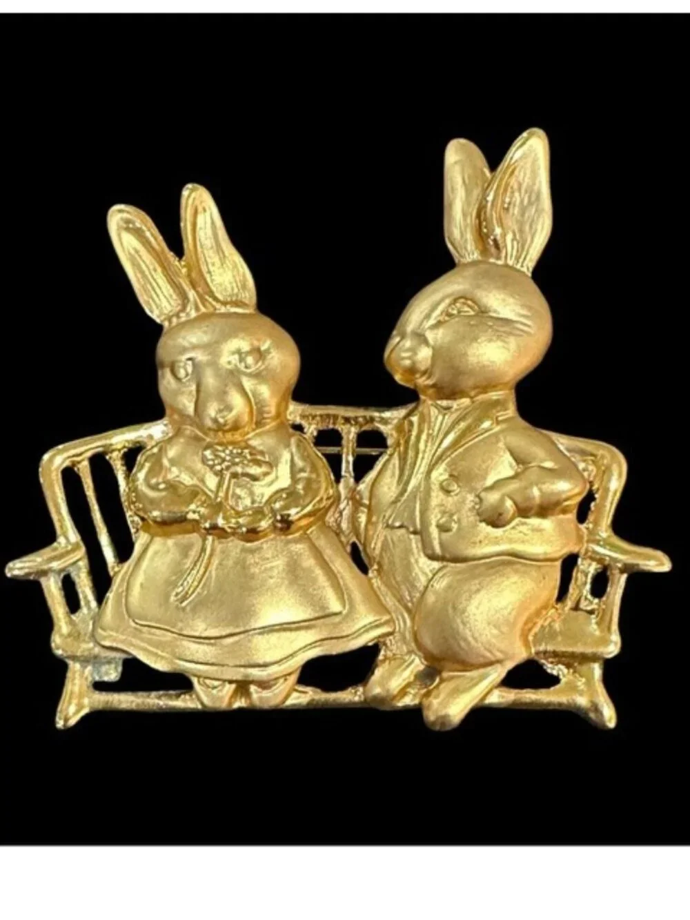 Vintage Gold-Tone Bunny Couple Brooch Sitting On A Bench